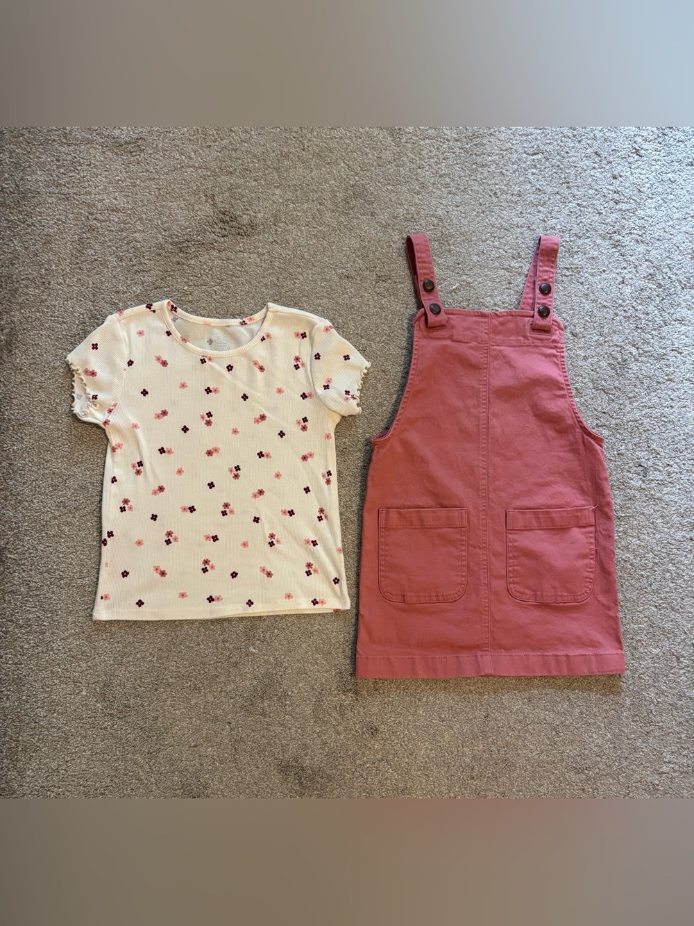 Girls Size 7 Wonder Nation Blush Pink Overall  Dress with Floral White Tee Set